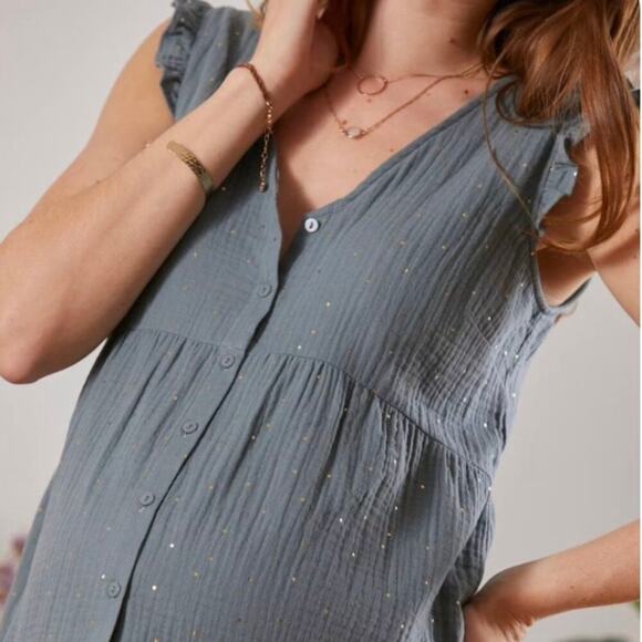 Vertbaudet Tops - Vertbaudet Blue Gold Dot Ruffle Sleeveless Cotton Button Blouse Top 44